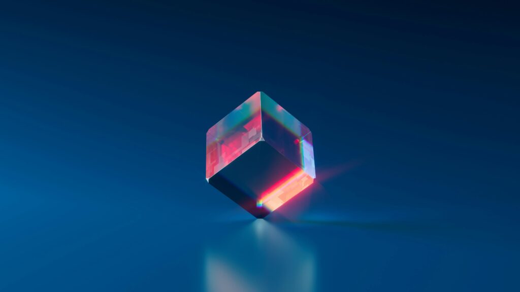 暗い背景に浮かぶ光を反射するプリズムのイラスト