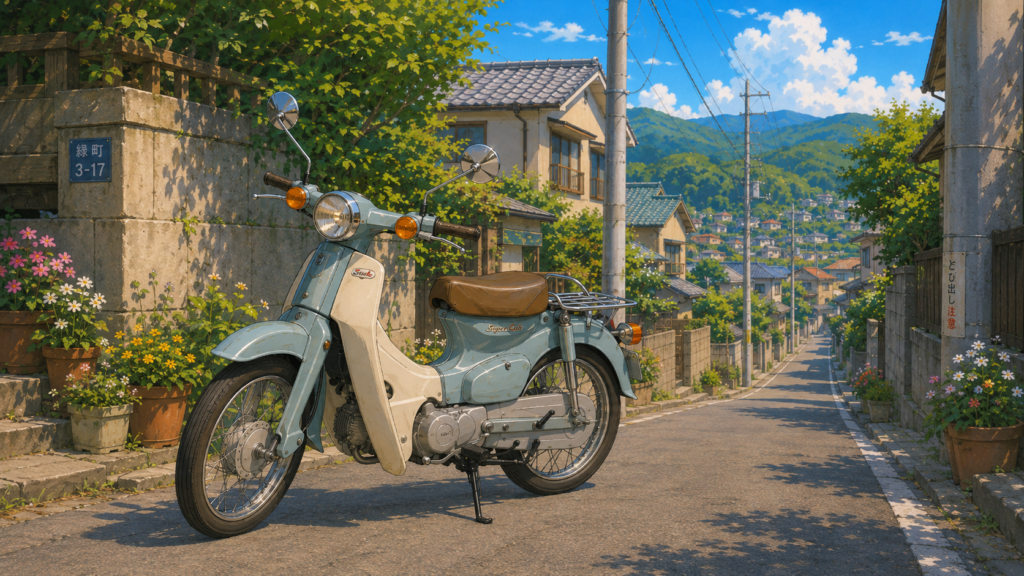 住宅街の坂道に停まっている水色のスーパーカブのイラスト