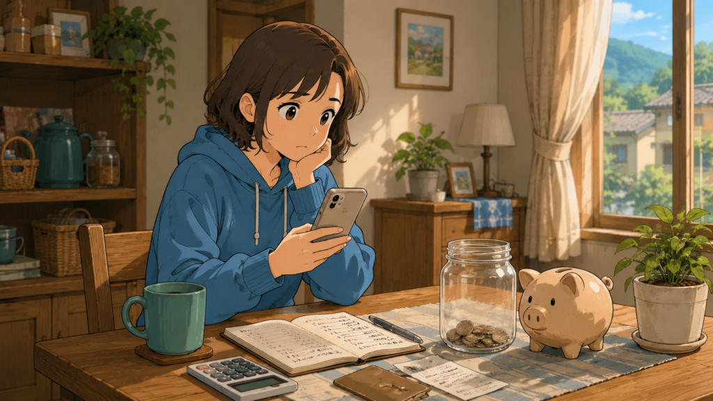家計メモと小銭の入った瓶を前に、スマホを見ながら副業について考える人物のイラスト
