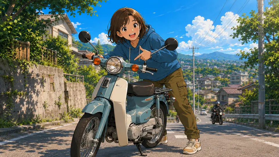 坂道の住宅街で水色のスーパーカブの横に立ち、車体を指している人物のイラスト