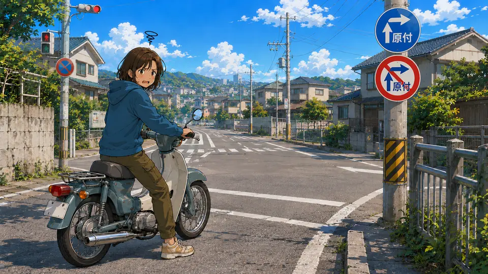 交差点で50ccバイクに乗りながら、二段階右折や原付標識に戸惑っている人物のイラスト