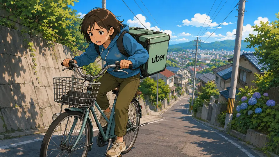 坂道でUber配達用バッグを背負いながら自転車をこぐ人物のイラスト