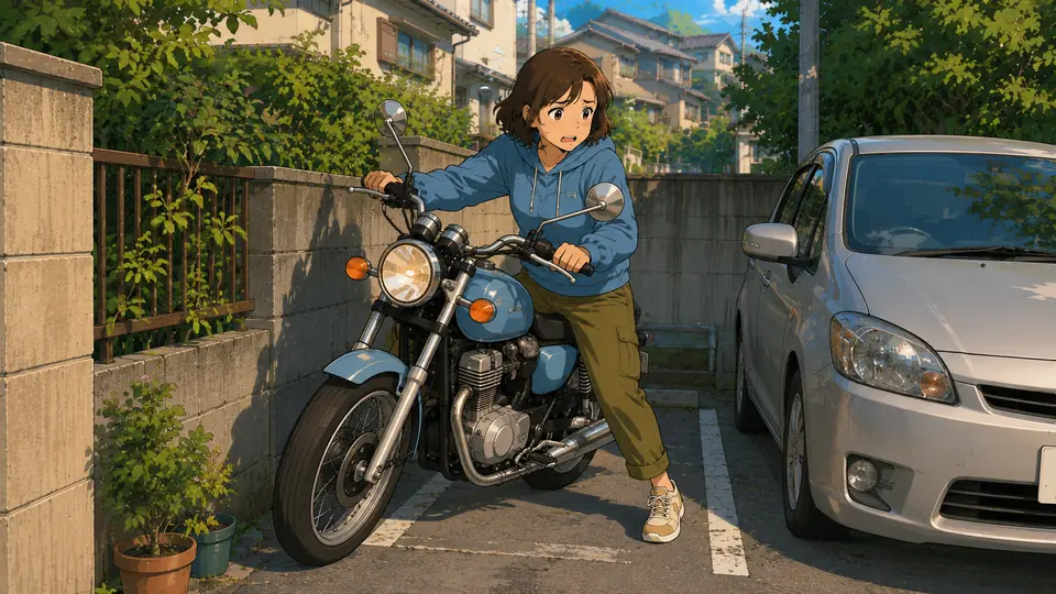 狭い駐車スペースで大きめのバイクを取り回そうとしている人物のイラスト