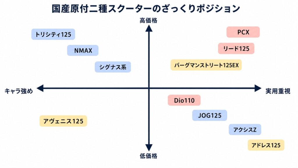国産原付二種スクーターを価格の高低とキャラ強め・実用重視の軸で整理したポジションマップ