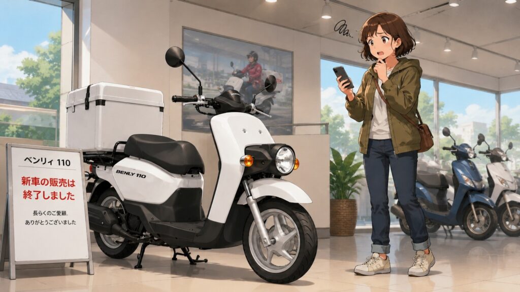バイク店でベンリィ110の新車販売終了を見て驚いている人物のイラスト