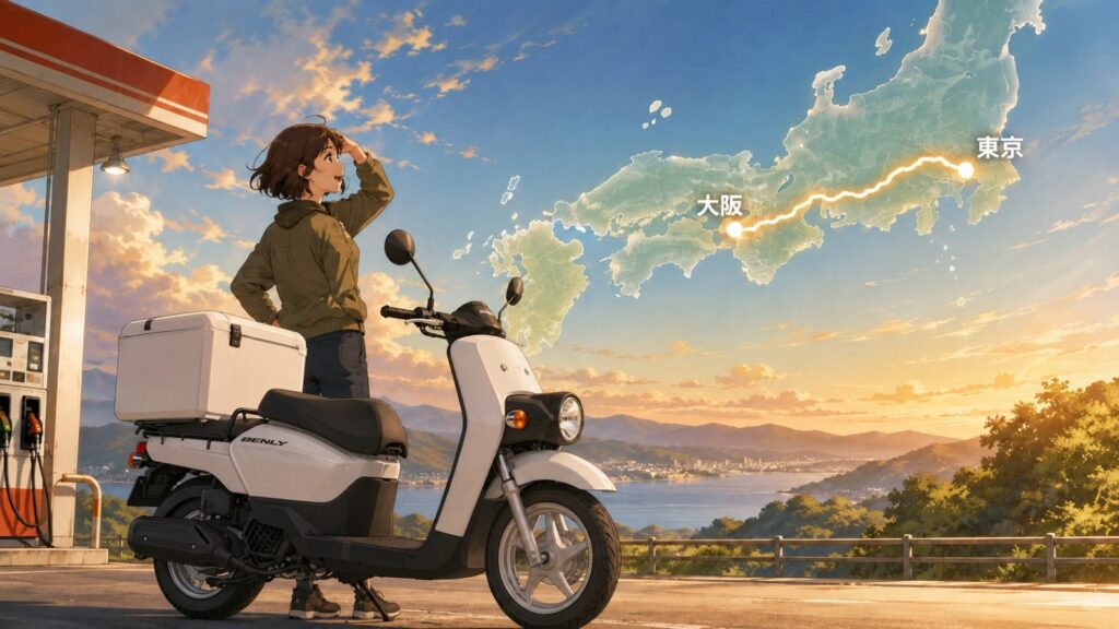 ベンリィ110と日本地図を使って東京から大阪までの航続距離を表したイラスト