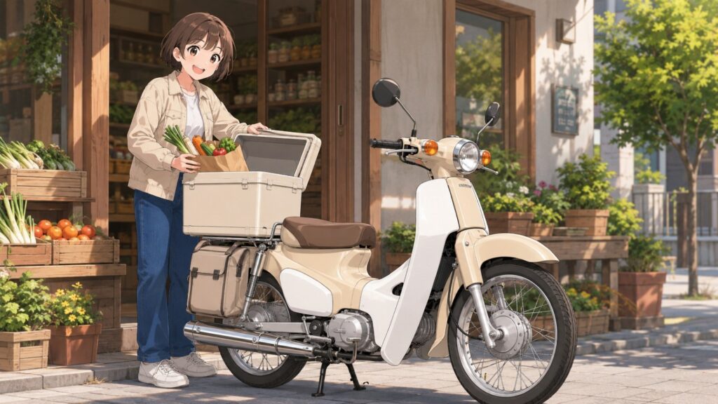リアボックス付きのスーパーカブ110に野菜を積み込む人物のイラスト