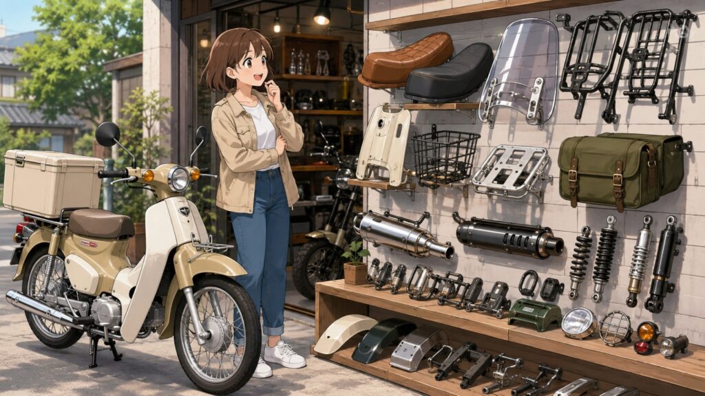 スーパーカブ110とシート、スクリーン、キャリア、バッグなどのカスタムパーツが並ぶイラスト