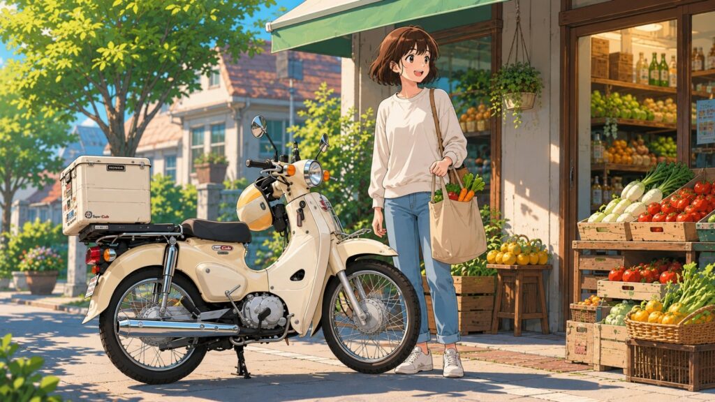 スーパーカブ110で買い物に来た人物と、野菜店の前に停めたカブのイラスト