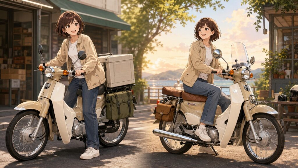 リアボックス付きのスーパーカブ110と、普段使い仕様のスーパーカブ110を並べたイラスト