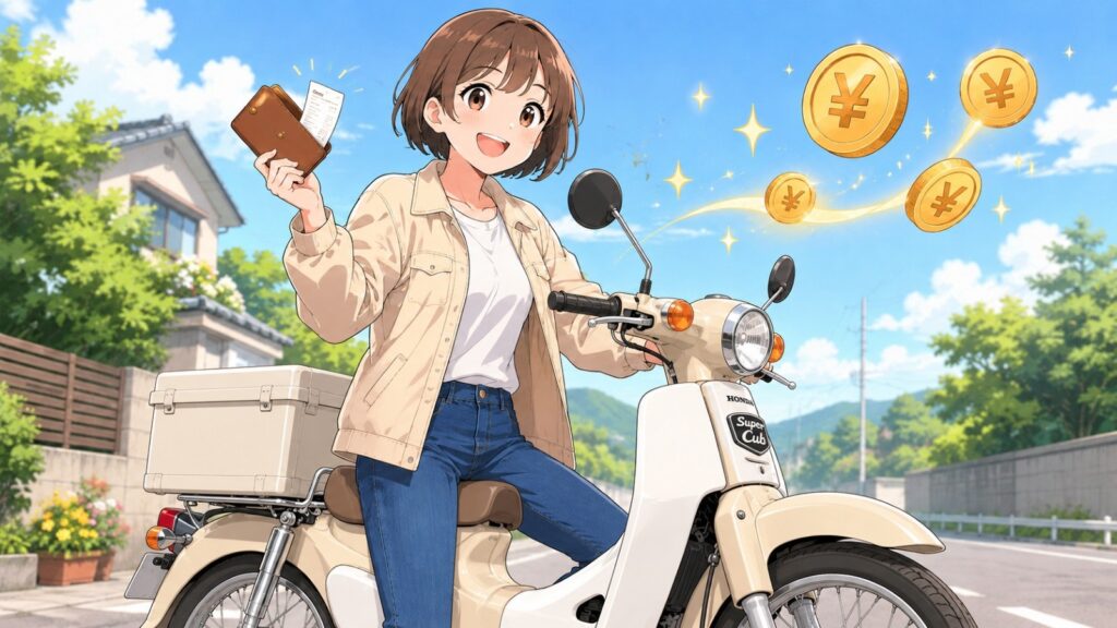 スーパーカブ110にまたがり、財布とレシートを持つ人物とコインのイラスト