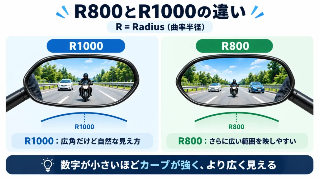 - バイクミラーのR800とR1000の曲率の違い