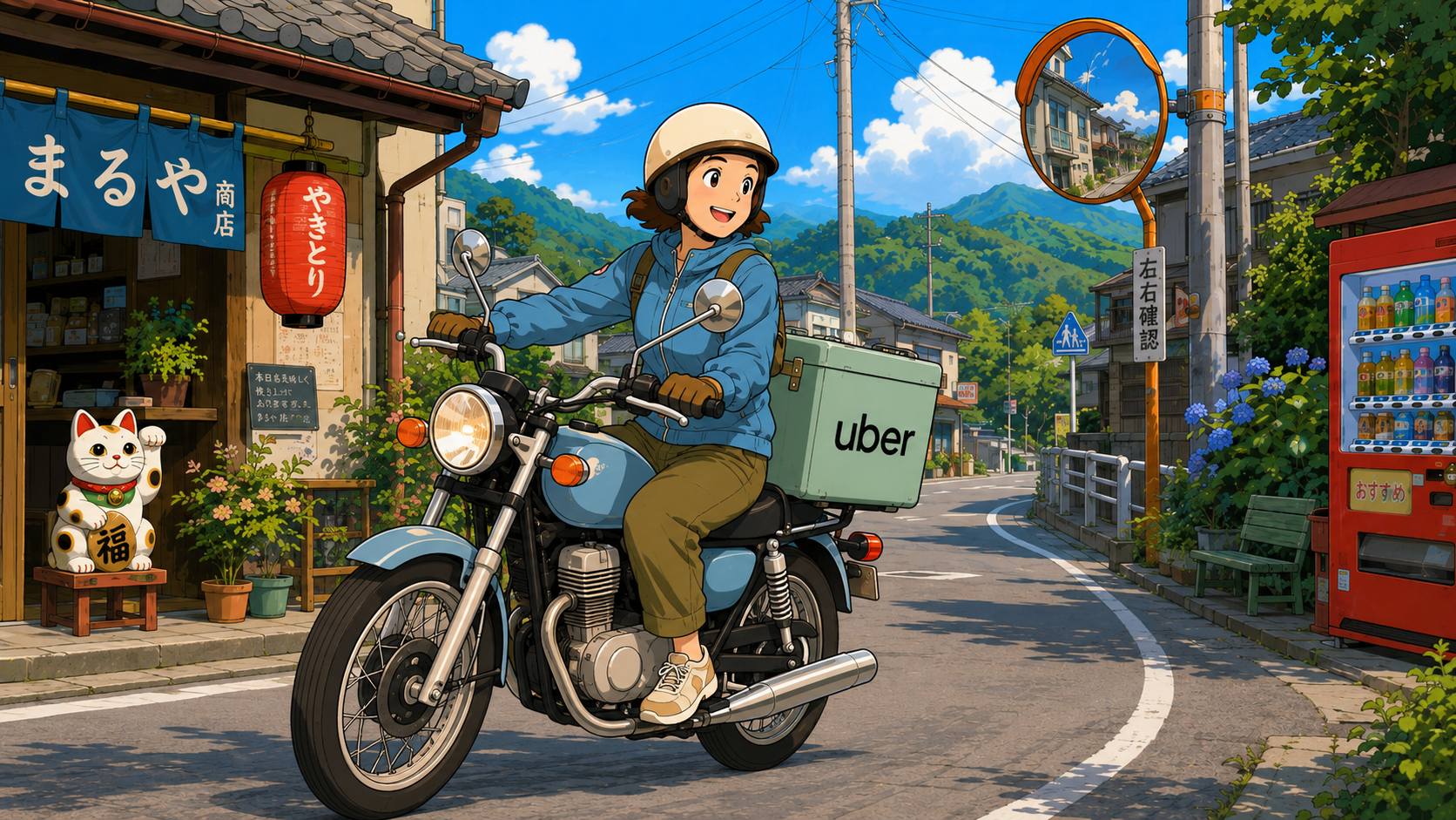 スーパーカブに乗ってUber配達をする人物と、郊外の道沿いにある飲食店のイラスト