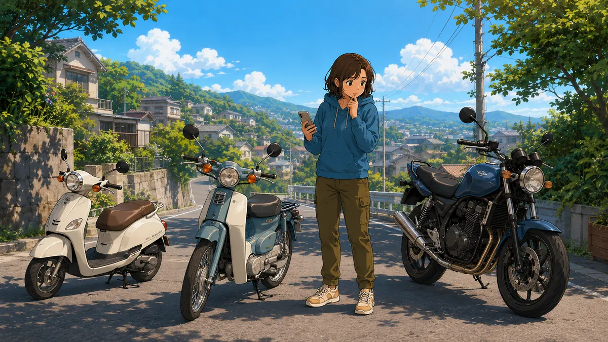 スクーター、スーパーカブ、大きめのバイクを前に、Uber配達に使う車体を迷っている人物のイラスト