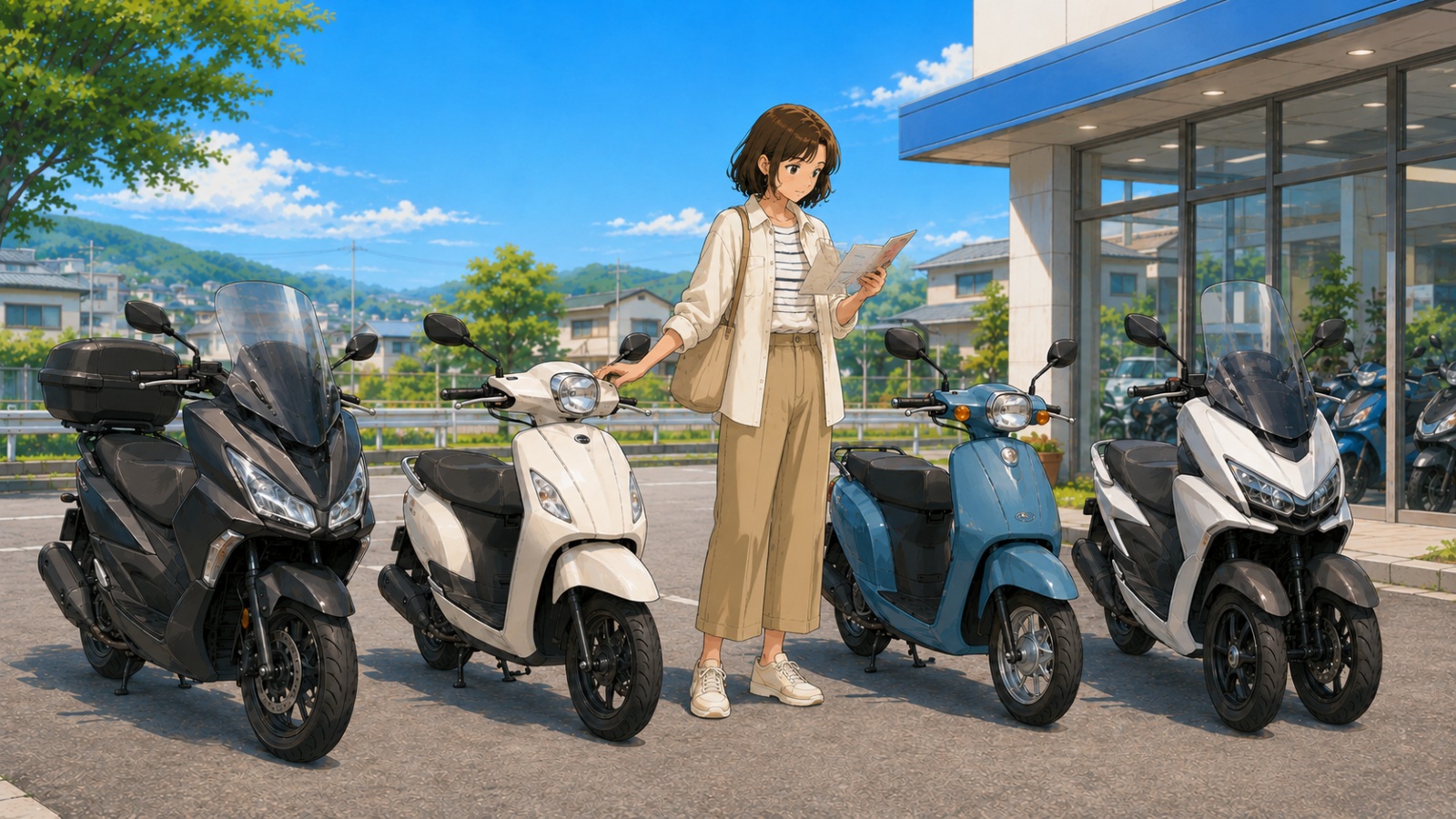 国産原付二種スクーターを前に、Uber配達用の車体選びで迷っている人物のイラスト