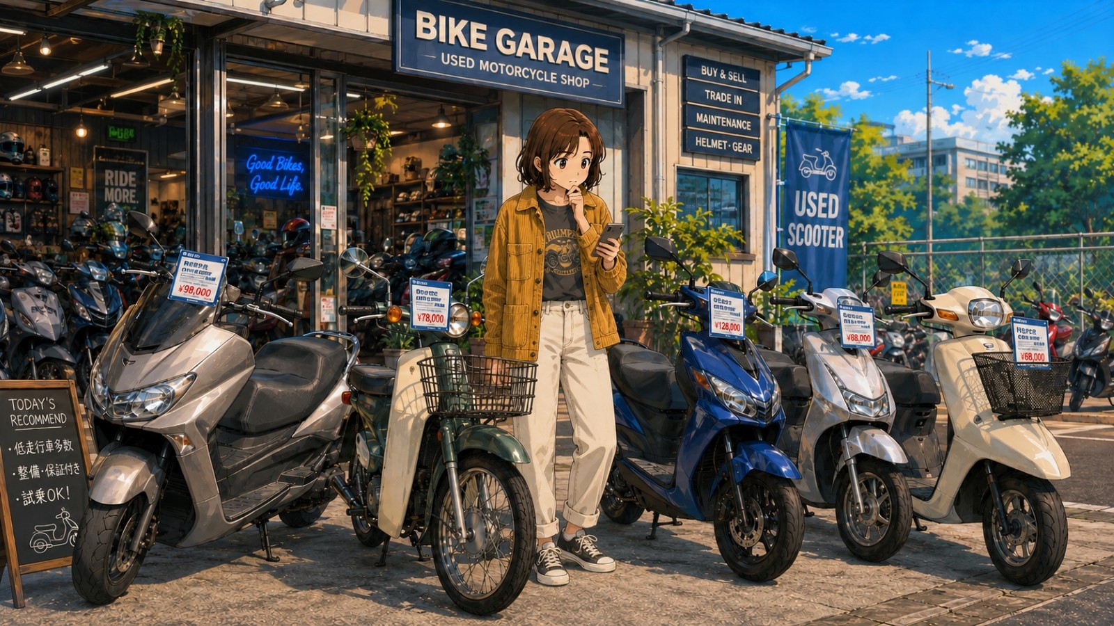 中古バイク店の前で、PCXやリード125、シグナスX、アドレス系の中古原付二種スクーターを比較している人物のイラスト