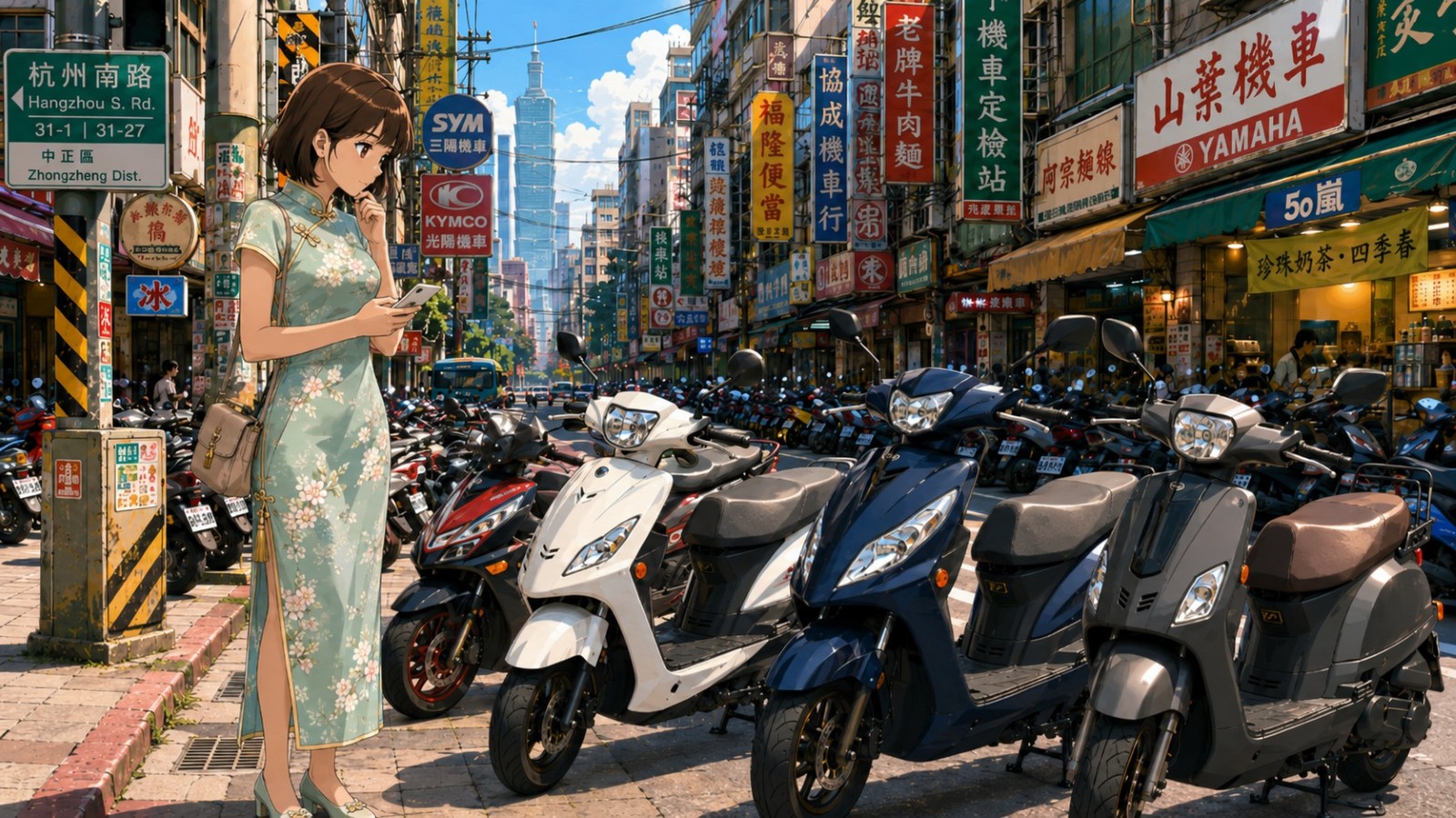 台湾の街でSYMとKYMCOの看板と複数のスクーターを前に、台湾125ccスクーターを比較している人物のイラスト