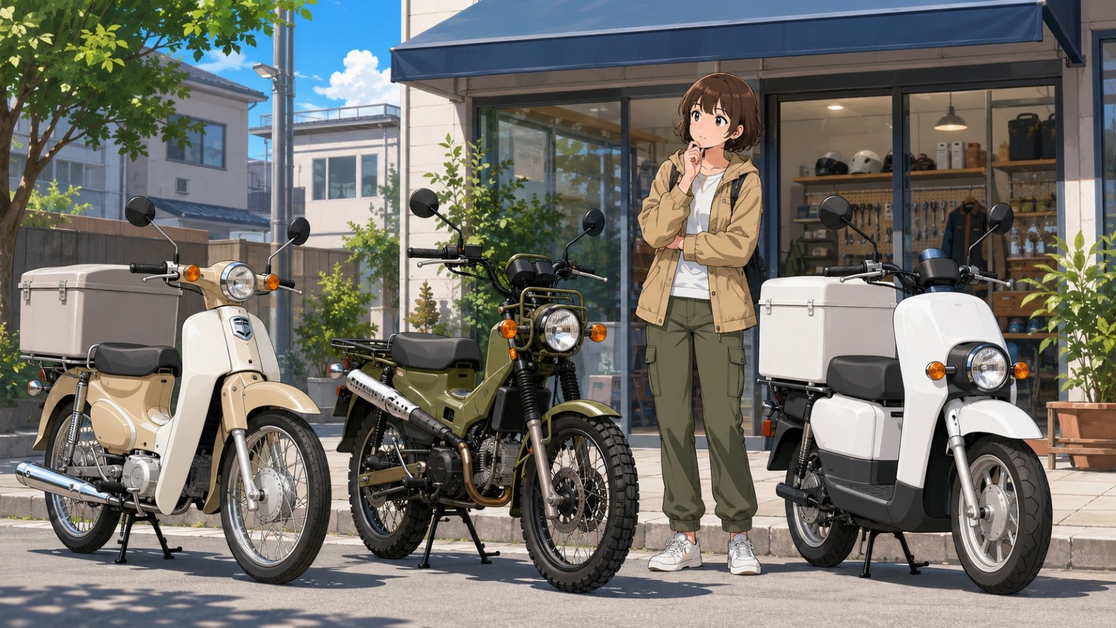 スーパーカブ110、クロスカブ110、ベンリィ110を前に、配達向き原付二種バイクを比較している人物のイラスト